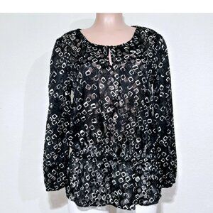 Chico's Sheer Blouse Black White Geometric Peplum